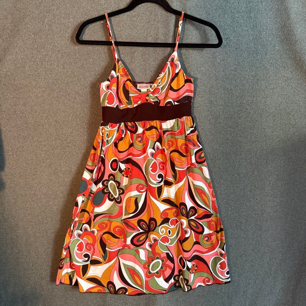 Psychedelic Floral Womens Size XS Empire Waist Mini Dress Retro